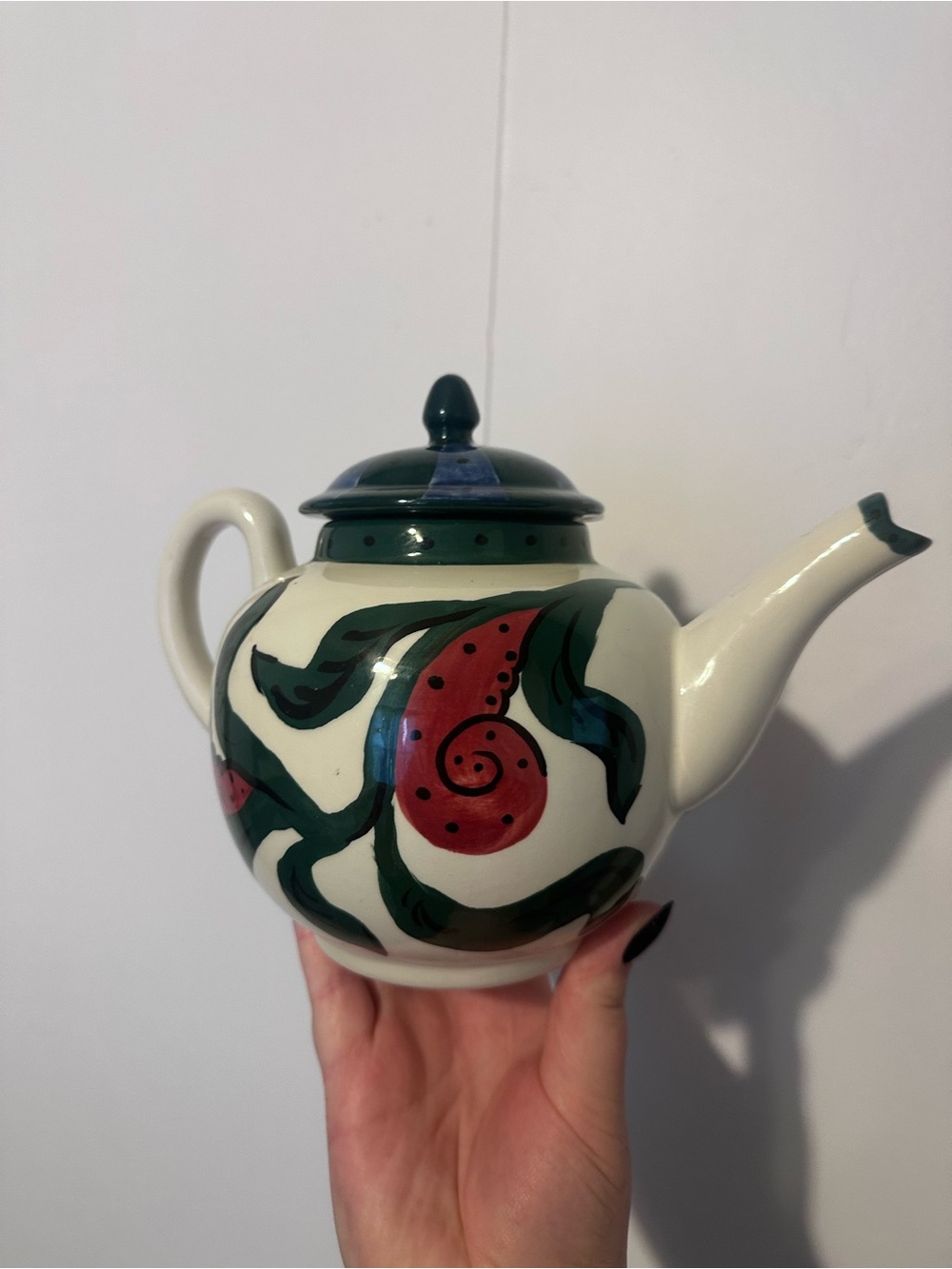 Hand-Painted Ceramic Teapot with Red & Green Fruit Motif